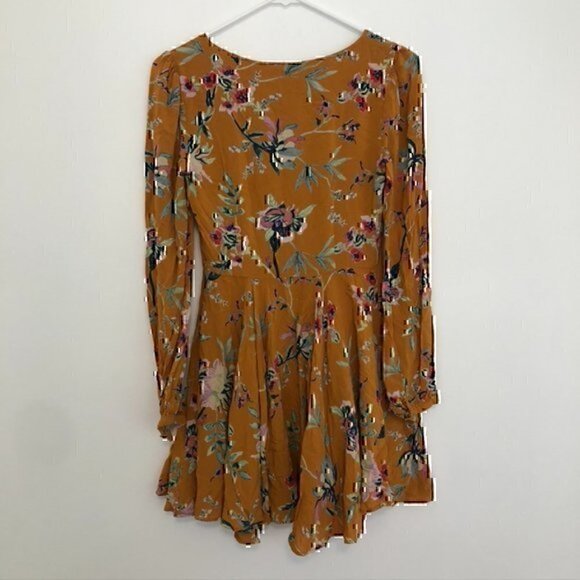 ECOTE URBAN OUTFITTERS Rosalinda Floral Long Sleeve Mini Dress Mustard Fit Flare - Picture 10 of 12